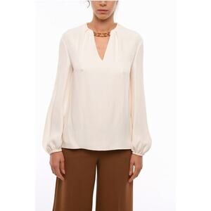 NWT Valentino Ivory 100% Silk Chain Detail V-Neck Long Sleeve Blouse 48 / 12
